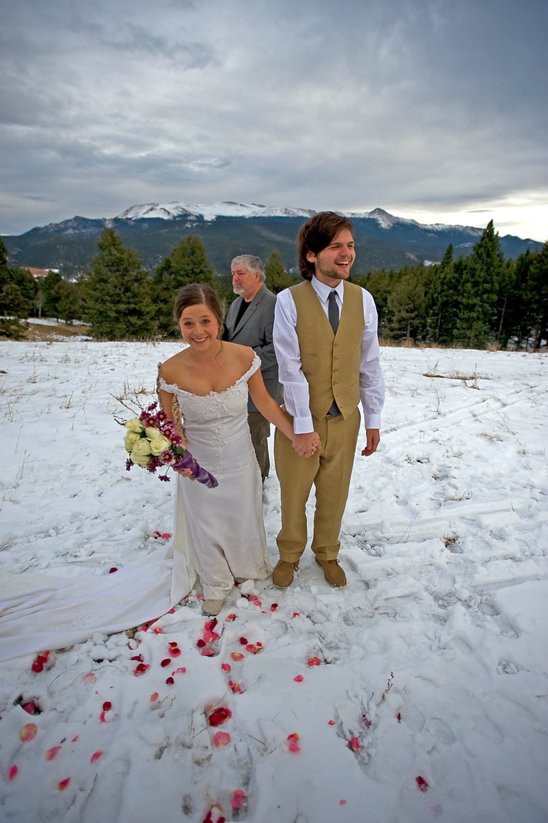 Newlyweds after being hitched in Colorado mountains